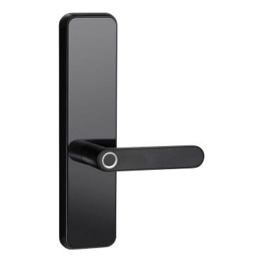 Black modern door lever handle mounted on a rectangular backplate, shown against a plain white background.