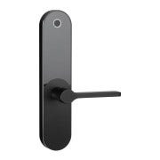 Radius Smart Lock in matte black finish, featuring a slim lever handle and elongated rounded backplate with an integrated circular indicator at the top, displayed on a white background