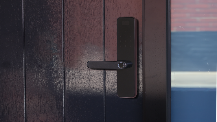 Black modern door handle on a dark wood door